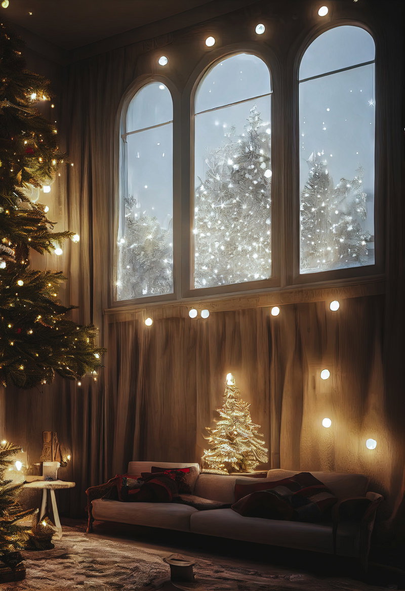 暖炉とソファがある室内にライトアップされたクリスマスツリーと窓から見える雪景色