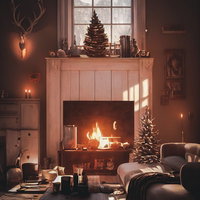 クリスマスツリーと暖炉のあるリビングルームの室内装飾の写真