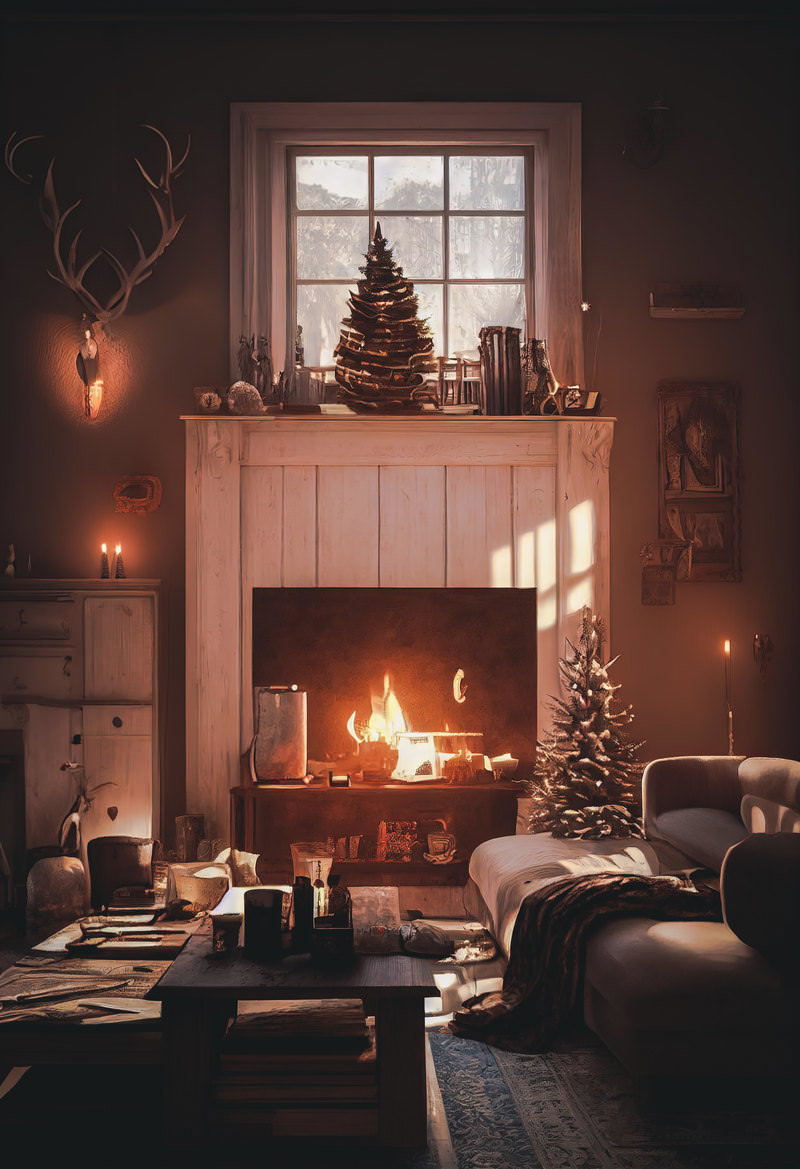 暖炉の炎が燃える温かなリビングにクリスマスツリーとソファーが配置されている