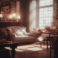 朝日が差し込む暖かいリビングのソファー空間の写真