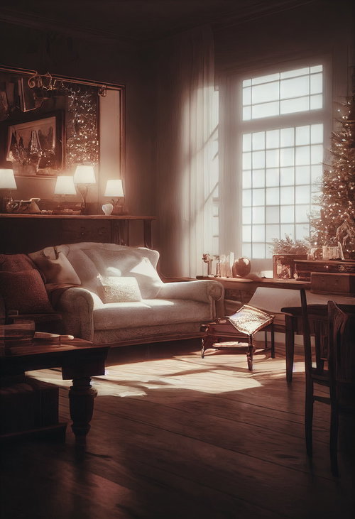 朝日が差し込む暖かいリビングのソファー空間