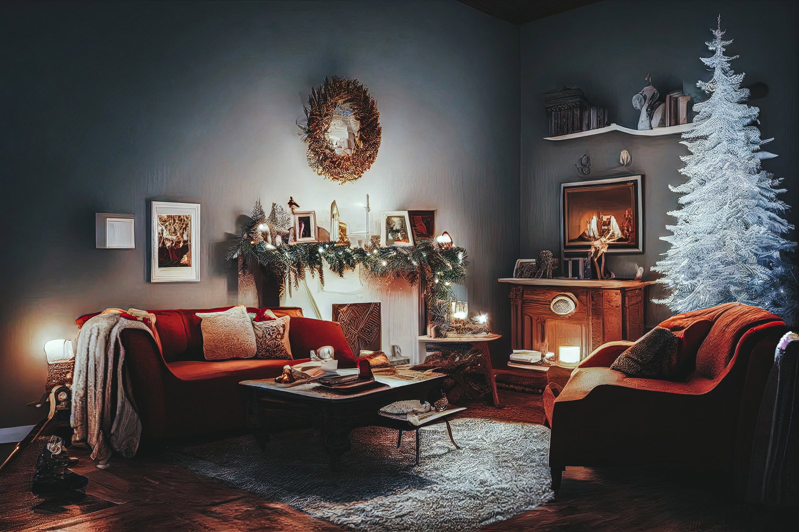 暖炉のある部屋に白いクリスマスツリーと赤いソファーが配置されたクリスマス風インテリア
