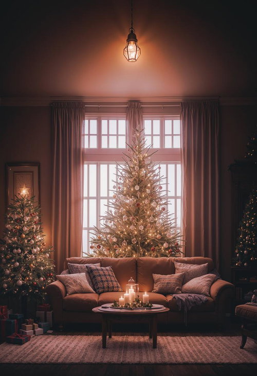 窓際の大きなクリスマスツリーとソファーがある温かいリビング