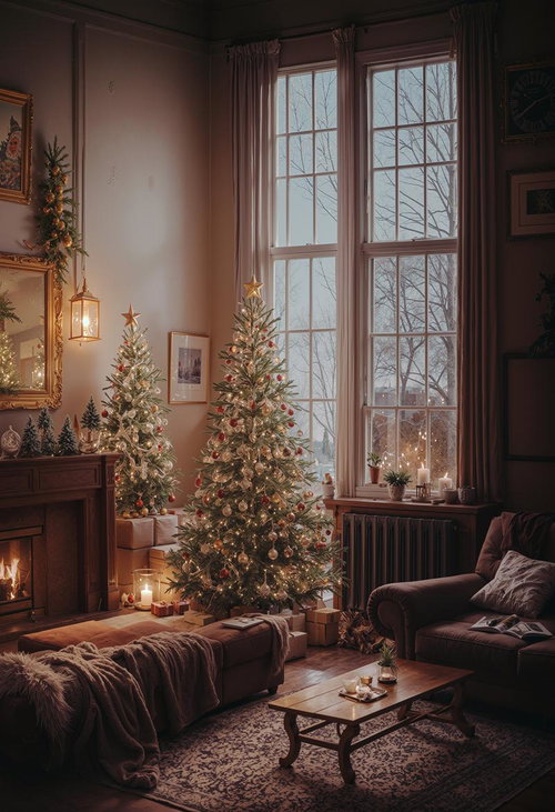 暖炉とクリスマスツリーのあるシックなリビング