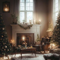 クリスマスツリーと暖炉が調和したリビングの室内空間の写真