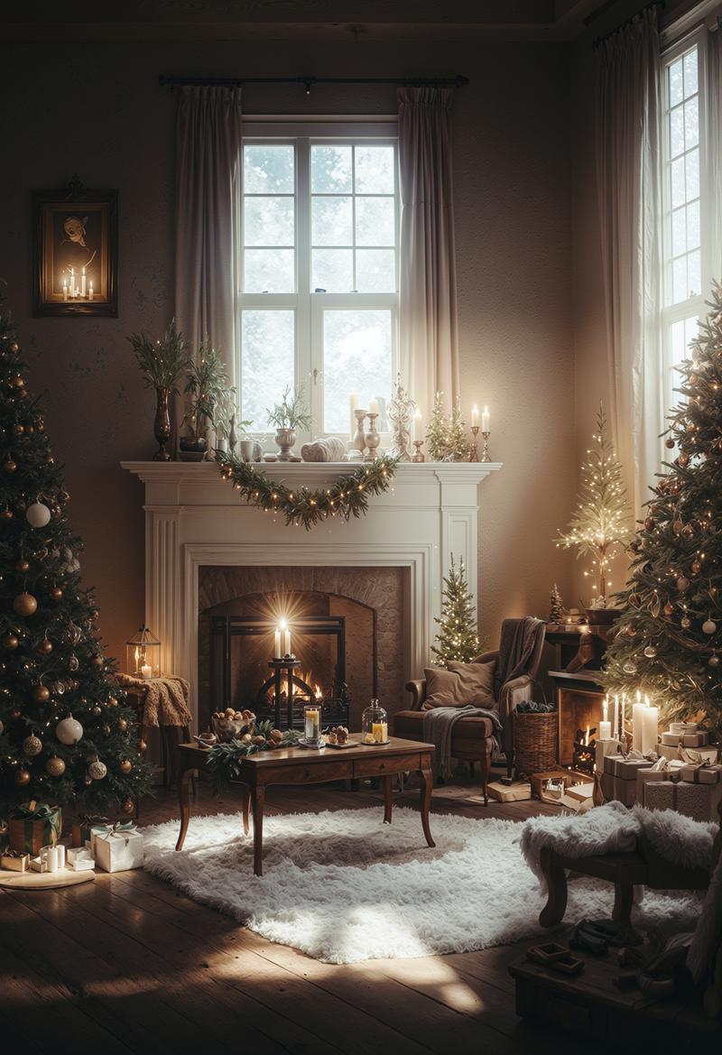 暖炉の前に飾られたクリスマスツリーとソファが配置されたリビングルーム