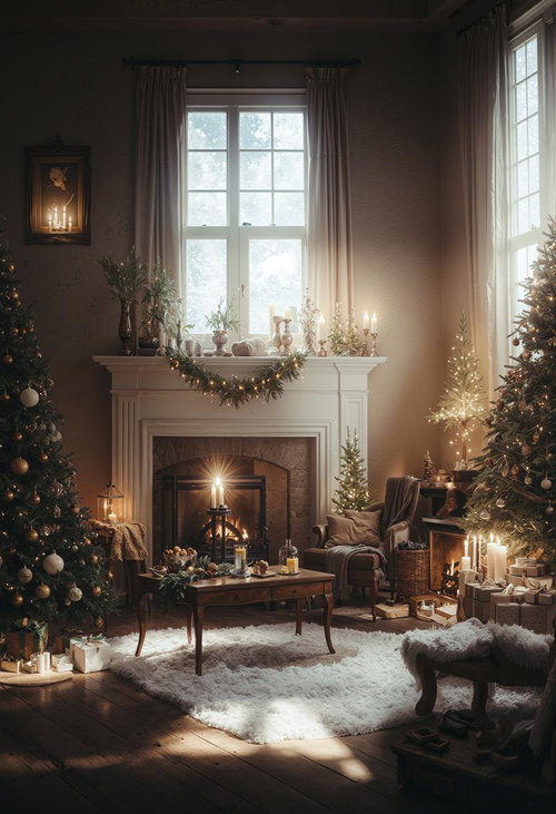 クリスマスツリーと暖炉が調和したリビングの室内空間