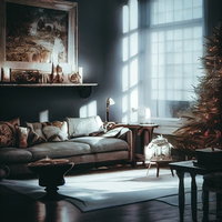 洋館の窓から差し込む光がアンティーク調の空間を照らすの写真
