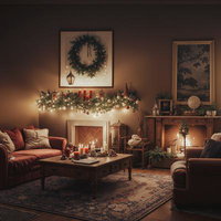 ライトアップしたクリスマスツリーと暖炉のあるリビングの写真