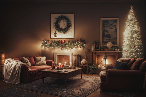 ライトアップしたクリスマスツリーと暖炉のあるリビング