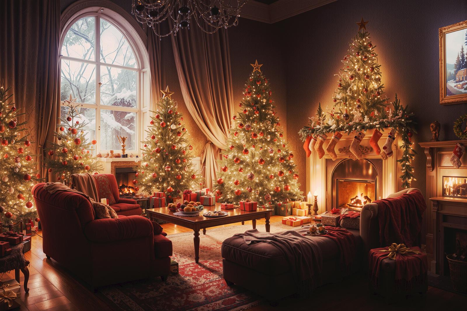 暖炉とクリスマスツリーが配置されたリビング