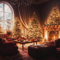 装飾したクリスマスツリーに囲まれた暖炉とソファのある部屋の写真