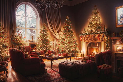 装飾したクリスマスツリーに囲まれた暖炉とソファのある部屋