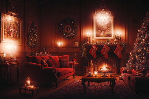 クリスマス仕様の暖炉とツリーが飾られたリビングルーム