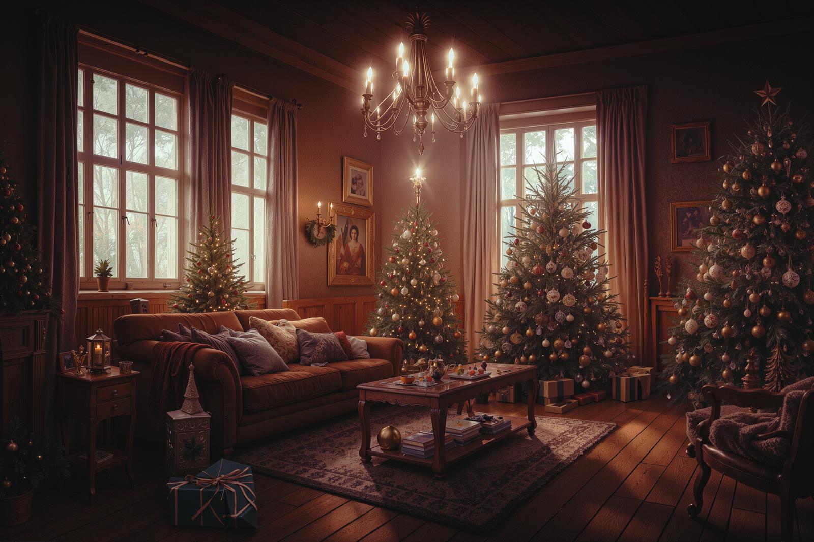 暖炉とシャンデリアのあるリビングに飾られたクリスマスツリーとプレゼント