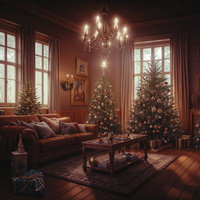 クリスマスツリーとプレゼントが置かれたリビングの暖炉のある風景の写真