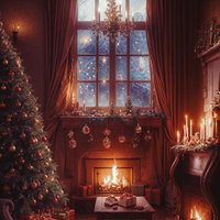 月明りが差し込む窓辺のクリスマスツリーとプレゼントの写真