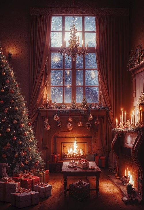 月明りが差し込む窓辺のクリスマスツリーとプレゼント