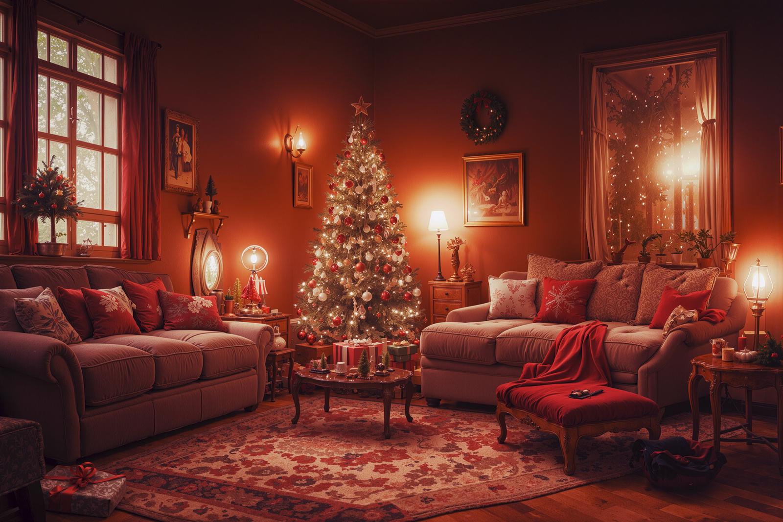 ライトアップされたクリスマスツリーと暖炉のあるリビングルーム
