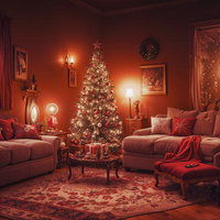 ライトアップされたクリスマスツリーが中央に置かれた室内の写真