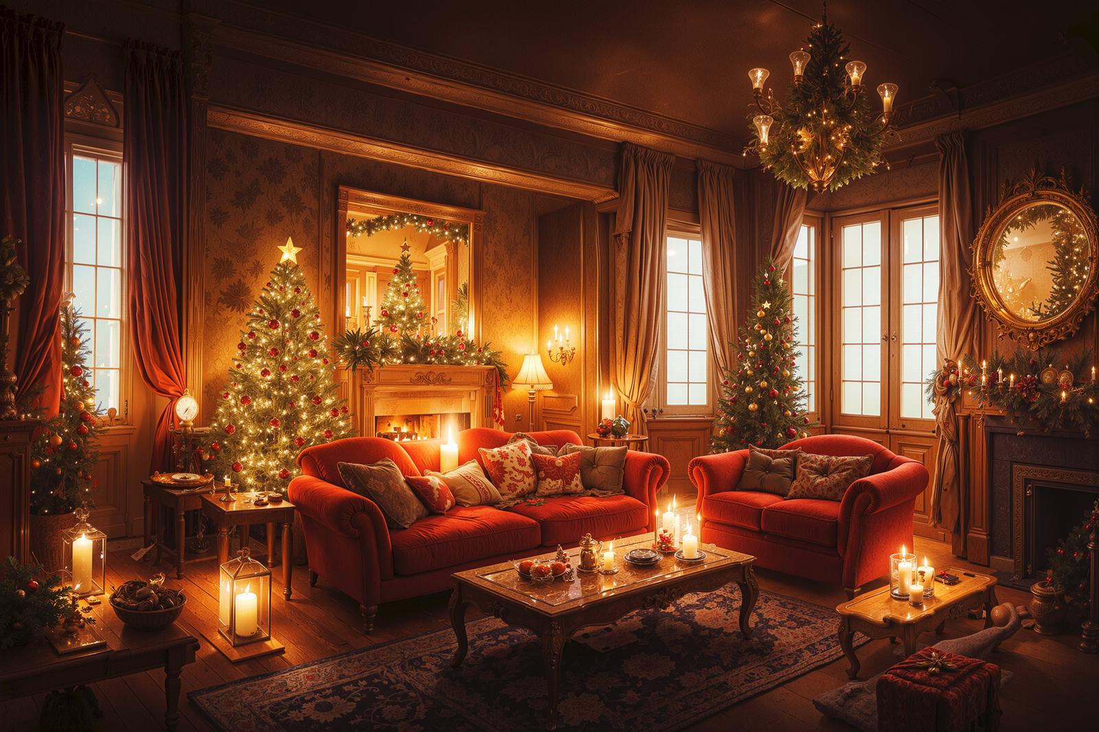 クリスマスツリーと暖炉のあるリビングルームの室内風景