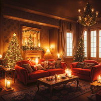 クリスマスでライトアップした暖炉とツリーのリビングの写真