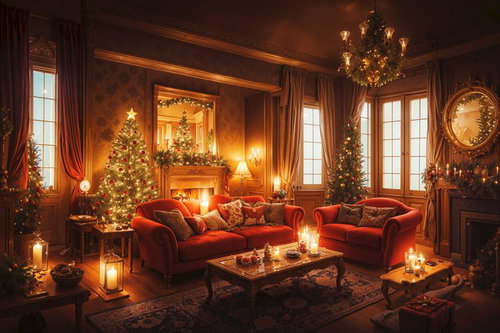 クリスマスでライトアップした暖炉とツリーのリビング