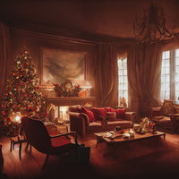 暖炉ある部屋に飾られたクリスマスツリーとリビングのAI画像