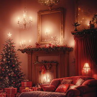 キャンドルの明かりがムーディーなクリスマスの夜のリビングの写真