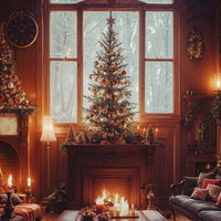 暖炉の炎が照らすクリスマスツリーのあるリビング風景の写真
