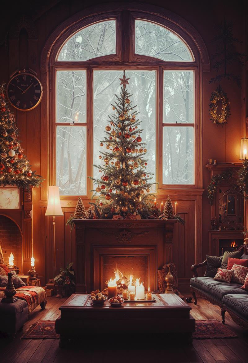 暖炉の炎とクリスマスツリーが配置された温かいリビングルーム