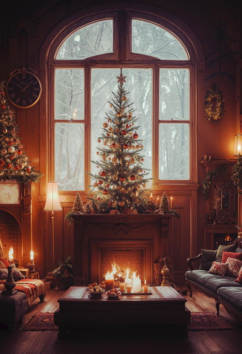 暖炉の炎が照らすクリスマスツリーのあるリビング風景