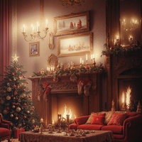 暖炉とクリスマスツリーが飾られた洋館のクリスマスリビングの写真