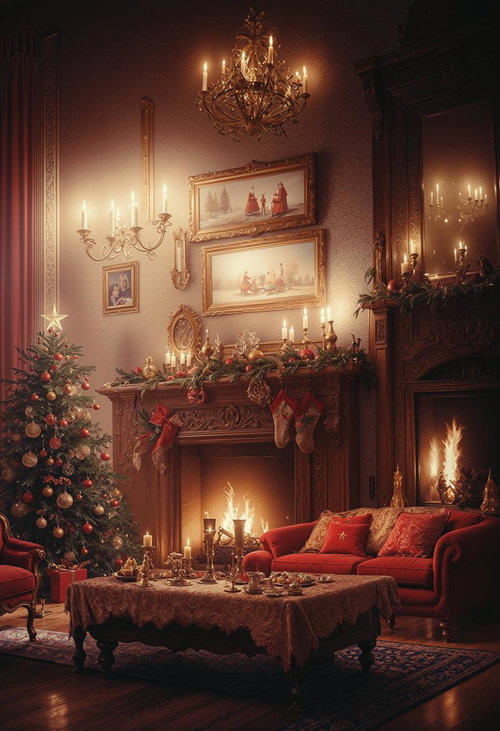 暖炉とクリスマスツリーが飾られた洋館のクリスマスリビング