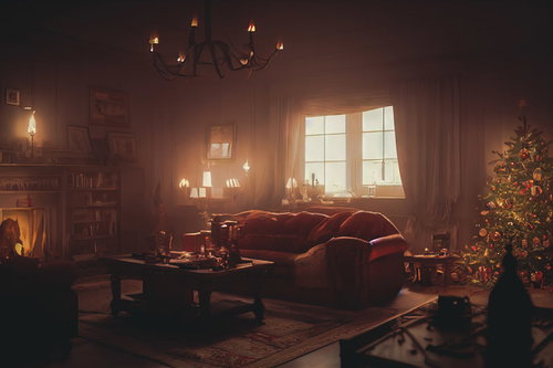 暖炉とクリスマスツリーを飾った洋室のリビング