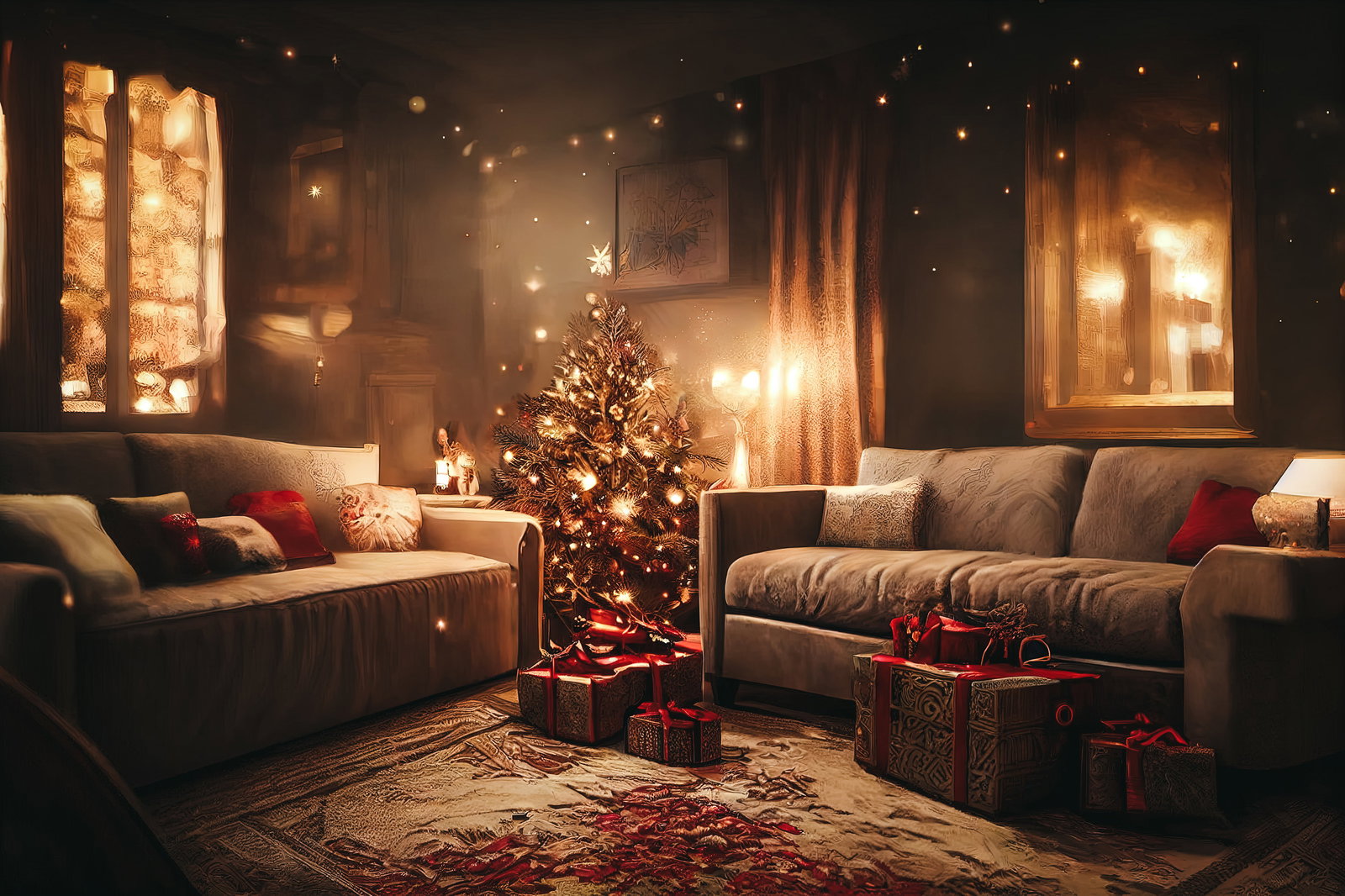 暖炉とソファーのあるリビングに飾られたクリスマスツリー