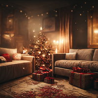 煌めくリビングに置かれたクリスマスツリーとソファーの写真