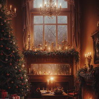 日が沈みキャンドルの明かりが彩るクリスマスの部屋の写真