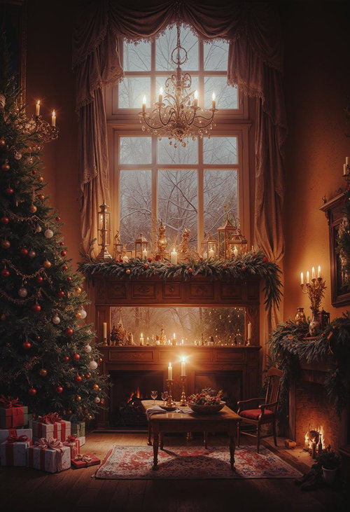 日が沈みキャンドルの明かりが彩るクリスマスの部屋