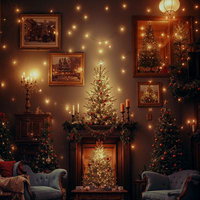 光が舞う聖なる夜のクリスマスツリーと暖炉の写真