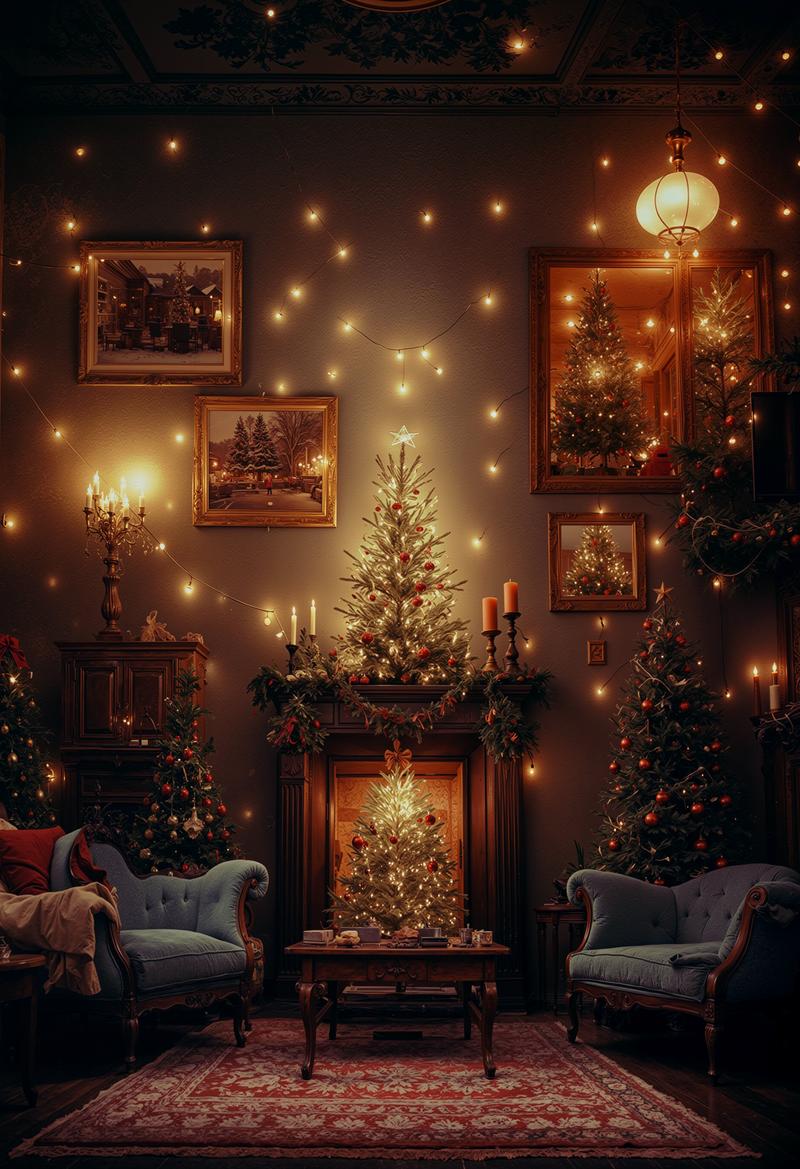暖炉とクリスマスツリーがある温かな光に包まれた室内