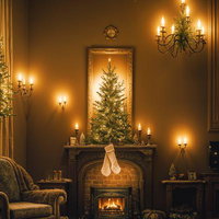 クリスマスの靴下がぶら下がる暖炉とリビングの写真