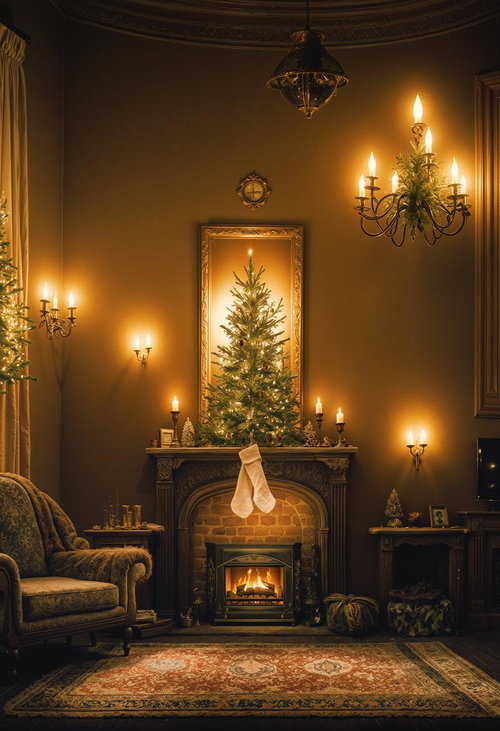 クリスマスの靴下がぶら下がる暖炉とリビング