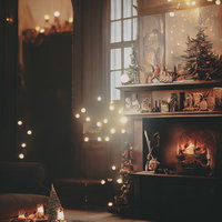 暖炉と光が舞うクリスマスの日の室内のリビング空間の写真