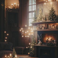 クリスマスパーティーを彩る暖炉とイルミネーションの部屋の写真