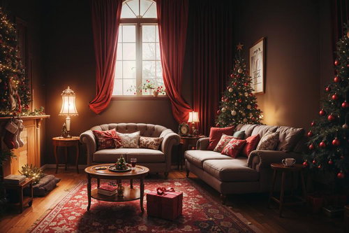 クリスマスツリーと暖炉がある温かなリビング