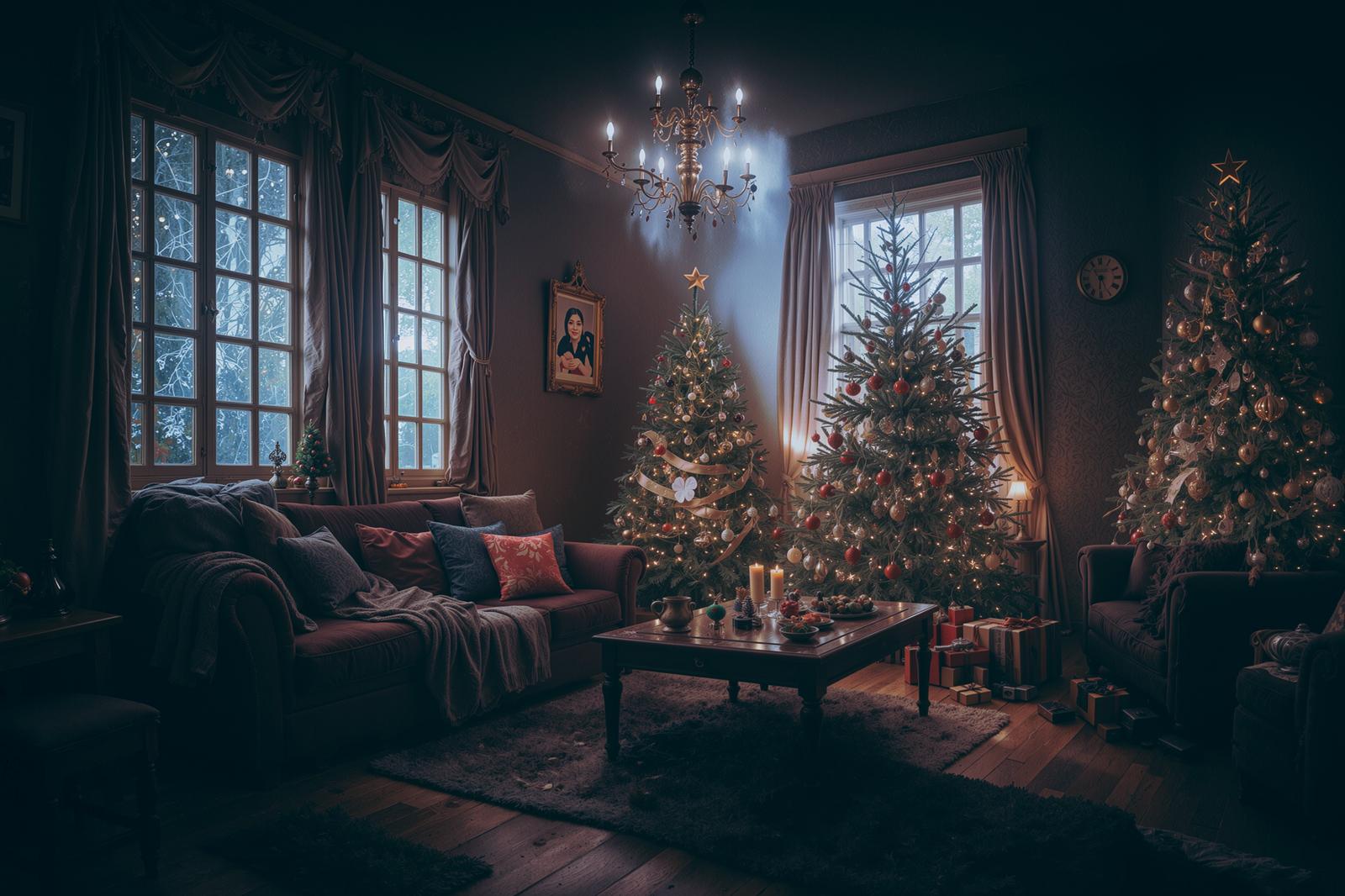 クリスマスツリーとソファーが置かれた夜のリビングルーム