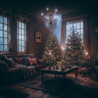 消し忘れた照明とクリスマスツリーが灯るリビングの写真