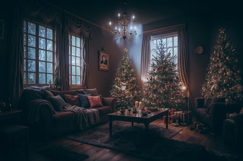 消し忘れた照明とクリスマスツリーが灯るリビング