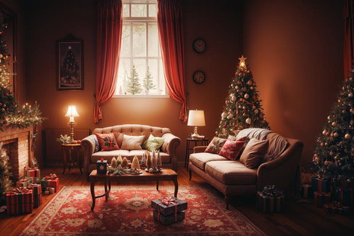 暖炉の前に置かれたクリスマスプレゼントとツリーのリビング